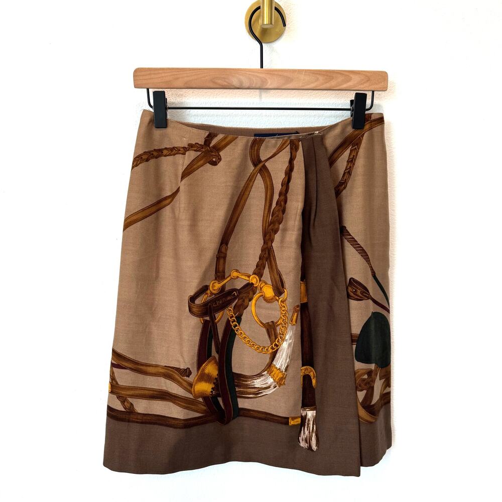 Ralph Lauren Vintage 80's Equestrian Scarf Print Wool Wrap Skirt -Brown Size 8